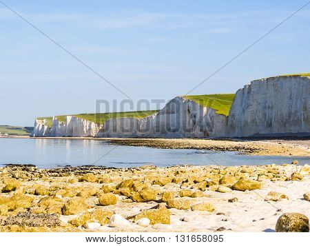 Seven Sisters National Park view of the cliffs and the beach on a low tide, East Sussex, England
