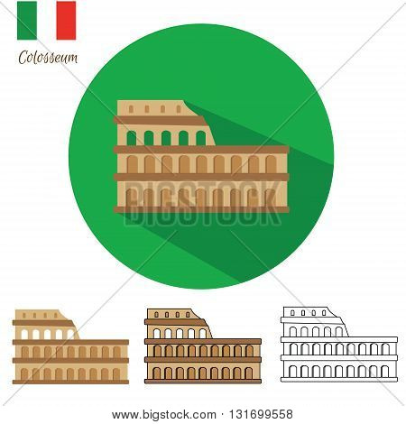 Colosseum icon set. Coliseum icon in different styles flat with long shadow drawn outline isolated. Vector illustration