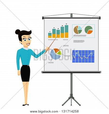 Girl shows on a board financial graphs and charts. Business report. Stock vector illustration.