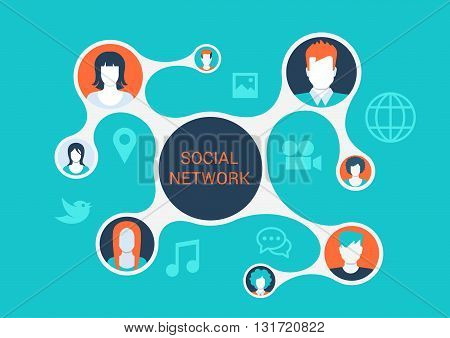 Flat vector social media network concept connected profiles