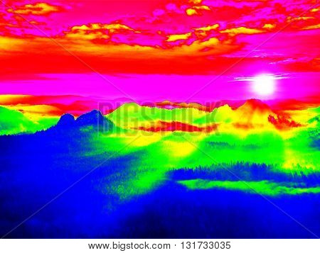 Infrared Scan Of Rocky Landscape, Pine Forest With Colorful Fog, Hot Sunny Sky Above. Amazing Thermo