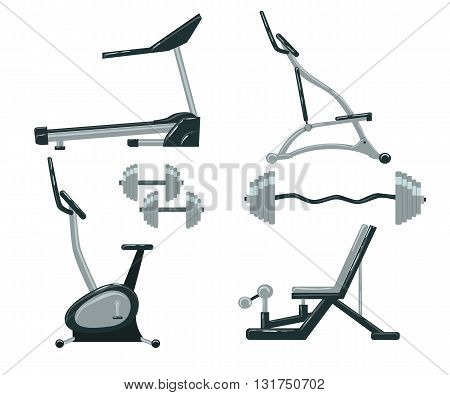 Exercise machine. Gym equipment gym workout exercise machines in a flat style. vector Sports Equipment