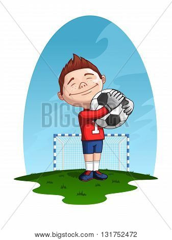 Happy young football goalkeeper holding the ball