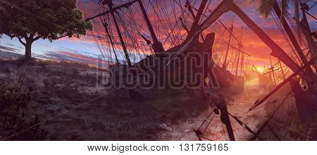 3D illustration , pirate , ship , sunshine