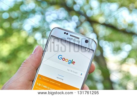 MONTREAL CANADA - MAY 23 2016 : Google Now Launcher application on Samsung S7 screen. Google Now is an intelligent personal assistant developed by Google.