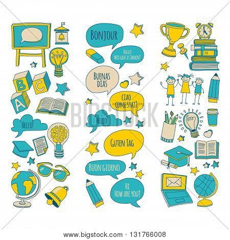 Doodle vector icons Foreing language learning Hand drawn images