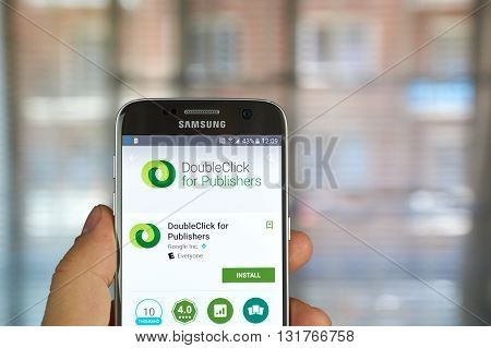 MONTREAL CANADA - MAY 23 2016 : Google DoubleClick for publishers application on Samsung S7 screen. DoubleClick offers publishers a complete ad revenue engine.