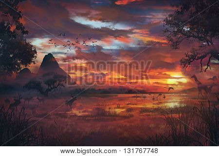 3D illustration, Savanna, animales in wild, sunshine