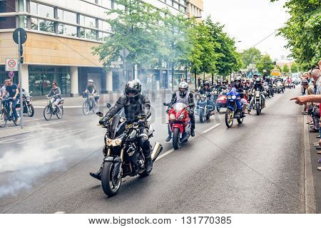 Berlin, Germany - May 28, 2016: Motorcycle parade in Berlin against violance. Motocycle demonstration on Potsdamer platz in Berlin