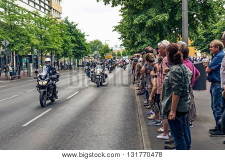 Berlin, Germany - May 28, 2016: Motorcycle parade in Berlin against violance. Motocycle demonstration on Potsdamer platz in Berlin