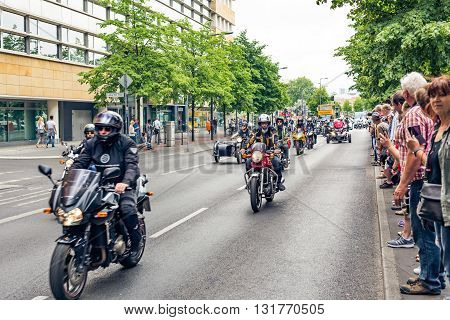 Berlin, Germany - May 28, 2016: Motorcycle parade in Berlin against violance. Motocycle demonstration on Potsdamer platz in Berlin