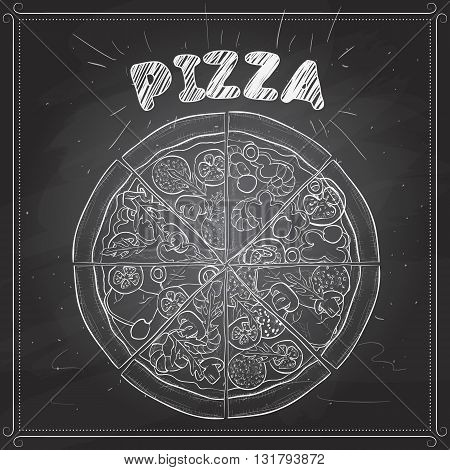 In the picture typical pizza with tomato, mozzarella, cheese and mushrooms on a black board. Vector illustration, EPS 10