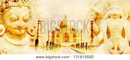 Grunge background with paper texture and landmarks of India - Taj Mahal, statues of Hindu gods