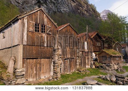 Weathered Wood Boat houses in Geiranger, Norway