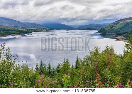 View of Loch Carron, Scotland. This is a sea loch on the west coast of Ross and Cromarty in the Scottish Highlands. It is the point at which the River Carron enters the North Atlantic Ocean.