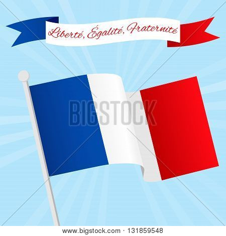 Vector Illustration for National Day of France celebrated on 14 July Bastille Day. Ribbon with text Liberty Equality Fraternity. Poster flyer template with French flag on a blue sky background
