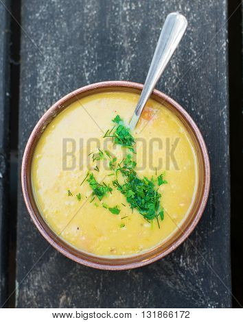 Estonian traditional national dish. Yellow pea soup.