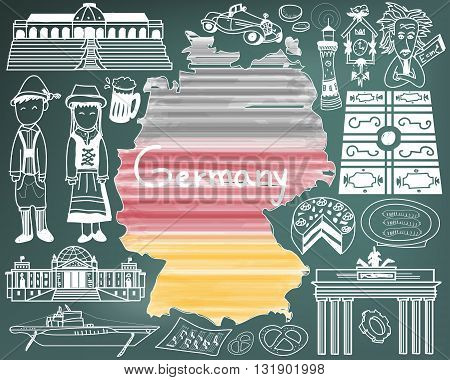 Travel to Germany doodle drawing icon with culture costume landmark and cuisine tourism concept in blackboard background create by vector