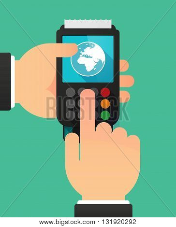 Person Hands Using A Dataphone With   An Asia, Africa And Europe Regions World Globe