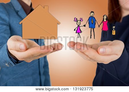 Family life insurance and proprety insurance protecting family family concepts.Man and woman hands making protection gesture.