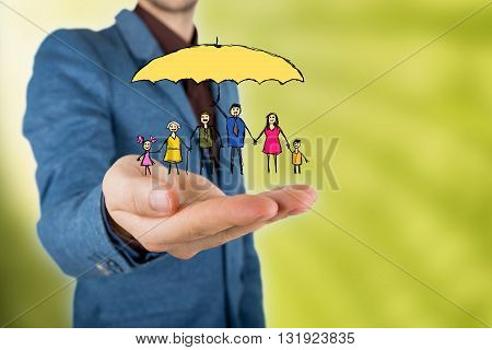 Family life insurance and proprety insurance protecting family family concepts.Man and woman hands making protection gesture.