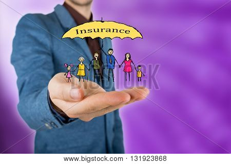 Family life insurance and proprety insurance protecting family family concepts.Man and woman hands making protection gesture.