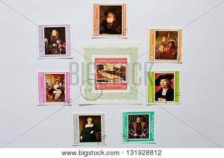 Uzhgorod, Ukraine - Circa May, 2016: A Post Stamp Printed In Bulgaria Shows The Painting Sleeping Ve