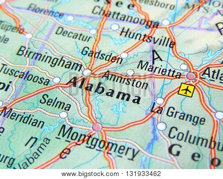 Map of Alabama, stet of the USA with focus on Alabama.