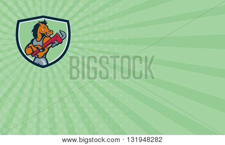 Business card showing illustration of a horse plumber arms crossed holding monkey wrench looking to the side set inside shield crest on isolated background done in cartoon style.