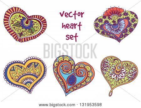 Vector abstract pattern of tattoo henna hearts. Stock mehndi set for design on white background.