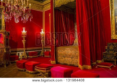 VERSAILLES, FRANCE - MAY 12, 2013: Interiors of the Palace of Versailles. This is the royal bedroom.