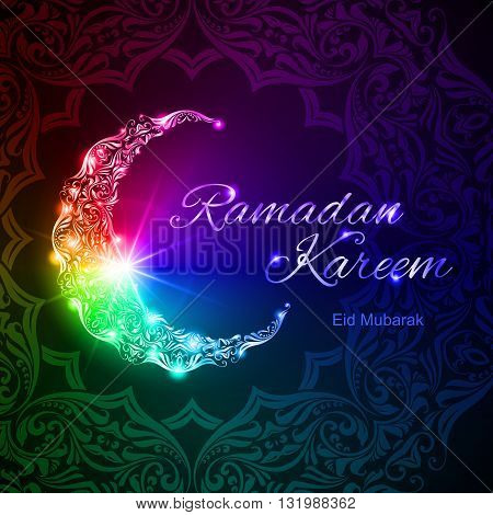 Colorful glowing ornate crescent with bright flare and asian floral ornament in background. Greeting card of holy Muslim month Ramadan