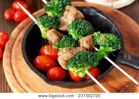Vegetarian Kebabs With Seitan And Broccoli On A Skewers