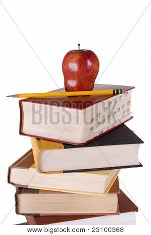 Ingebonden boek Stack met Apple en potlood
