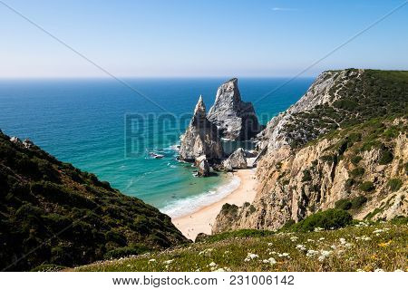 Hike Down To Praia Da Ursa Beach On A Sunny Day, Portugal