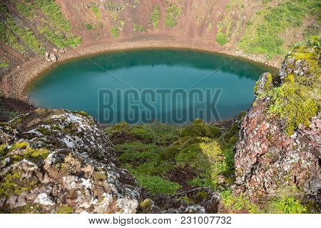 Kerið Volcanic Crater Lake Also Called Kerid Or Kerith In Southern Iceland Is Part Of The Golden Cir