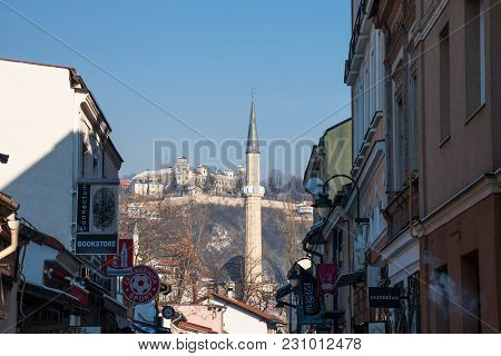 Sarajevo, Bosnia And Herzegovina - February 16, 2018: Mosque Minaret In The Bascarsija District In W