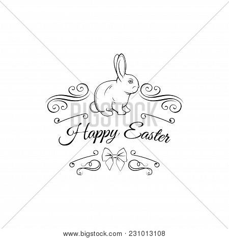 Easter Card With Bunny, Bow And Swirls. Greeting Card Decorations. Vector Illustration. Filigree Orn