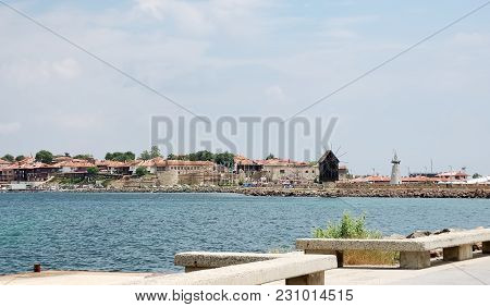 View Of The Bay And Old Nessebar With Wooden Windmill, Black Sea Coast Of Bulgaria.