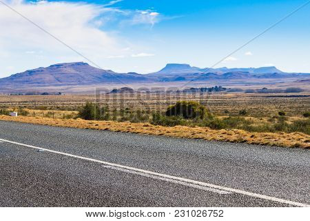 Perspective Road From Orange Free State. On The Road To Karoo, South Africa. African Landscape. Trav