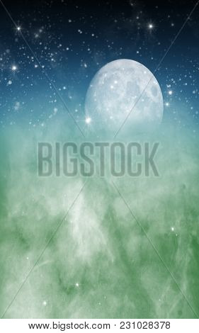 Premade Setting Of The Moon With Stars And Clouds In A Fantasy Background.