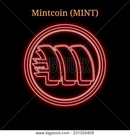 Red Neon Mintcoin (mint) Cryptocurrency Symbol. Vector Illustration Eps10 Isolated On Black Backgrou