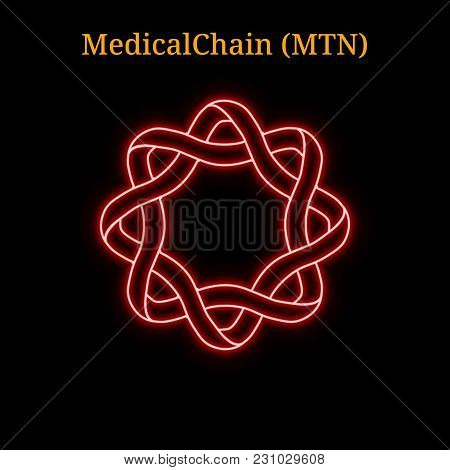 Red Neon Medicalchain (mtn) Cryptocurrency Symbol. Vector Illustration Eps10 Isolated On Black Backg