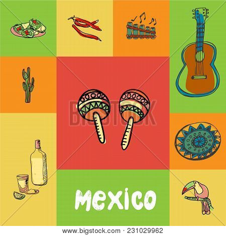 Mexico Checkered Concept In National Colors. Maracas, Guitar, Folk Flute, Chilli Pepper, Burritos, C