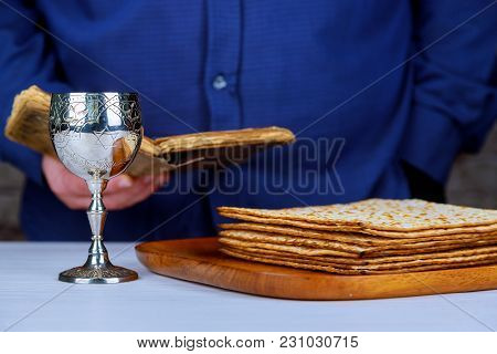 Jewish Matzah On Decorated Silver Wine Cup With Matzah, Jewish Symbols For The Passover Pesach Holid