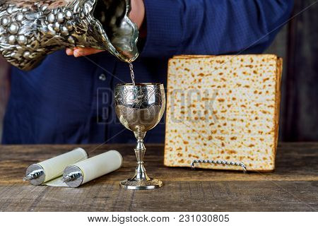 Pesah Celebration Concept Jewish Matzah Bread With Wine. Passover Holiday Concept
