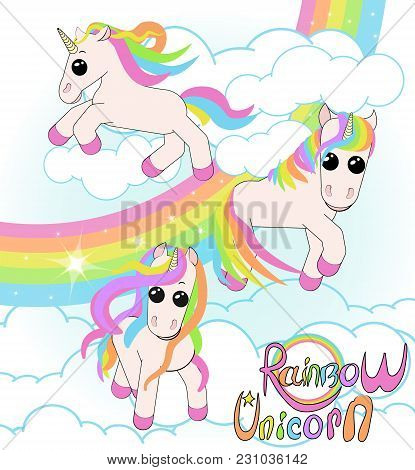 Set Of Unicorns. Three Small Unicorns With Iridescent Hair Against The Sky With A Rainbow And White 