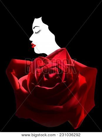 Portrait Of A Girl With White Skin, Red Lips And With Closed Eyes And A Red Rose