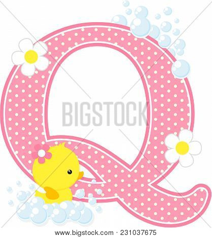 Initial Q With Bubbles And Cute Rubber Duck Isolated On White. Can Be Used For Baby Girl Birth Annou