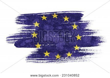 Art Brush Watercolor Painting Of Eu Flag Blown In The Wind Isolated On White Background.